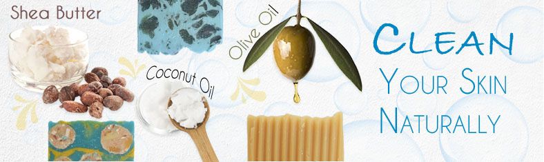 Shea butter, coconut oil and olive oil beside handmade soap: Clean your skin naturally